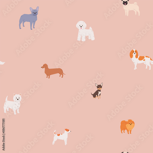 Seamless Pattern with small dog breeds. Cute puppies vector illustration for textile or wrapping paper. Modern flat style