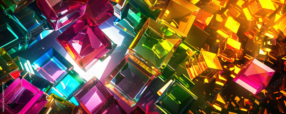 A vibrant geometric design with multicolored glass cubes, forming a complex, interlocking pattern on a dark backdrop, with light reflections adding a dynamic touch. A vibrant geometric design with multicolored glass cubes, forming a complex, interlocking pattern on a dark backdrop, with light reflections adding a dynamic touch.