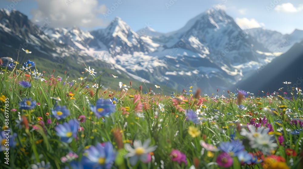 Fototapeta premium Alpine meadows covered with blooming wildflowers against img