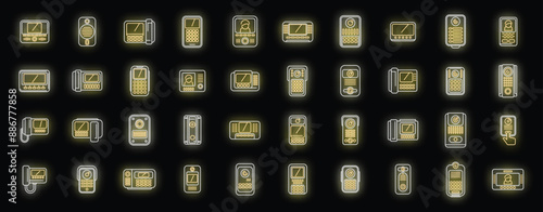 Video intercom icons set outline vector. Door phone. Bell alarm neon color on black
