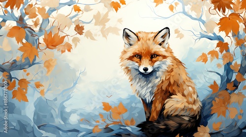 A red fox sits amongst autumn leaves in a forest clearing.