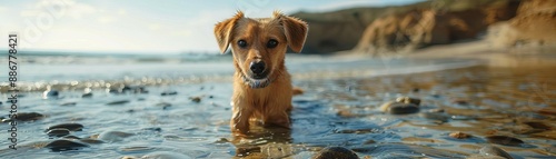 Cute dog exploring tide pools with a curious look, Beach cute dog, adventurous and playful