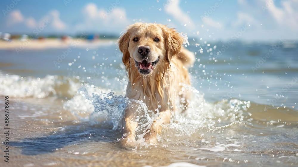 Dog splashing in the shallow waters of the ocean, Beach cute dog, playful and refreshing Dog splashing in the shallow waters of the ocean, Beach cute dog, playful and refreshing