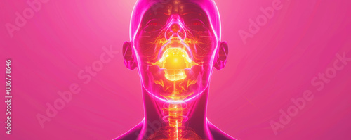 Create a detailed and visually striking image of the human gustatory system, focusing on the tongue and taste buds. Use a transparent upper torso outline with semi-transparent pink and yellow photo