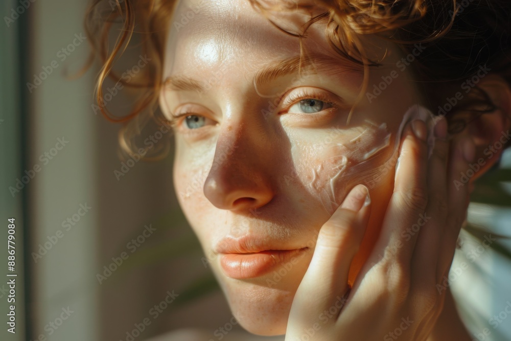 Woman Applying Skincare Cream in Sunlight