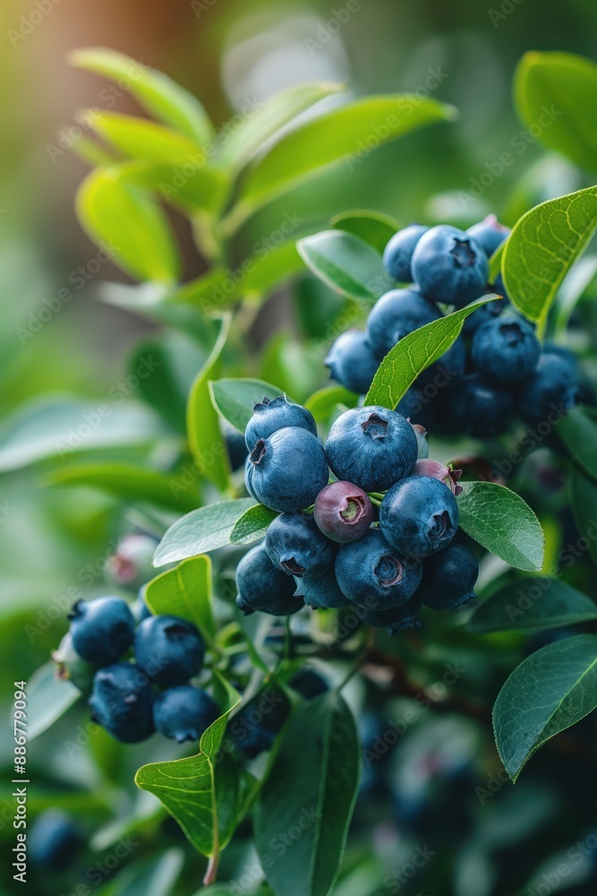 Ripe blueberries hang from a tree branch in a garden setting. The vibrant dark blue fruit contrasts with the lighter green leaves. A close-up shot captures the texture and color of the berries. Ripe blueberries hang from a tree branch in a garden setting. The vibrant dark blue fruit contrasts with the lighter green leaves. A close-up shot captures the texture and color of the berries.