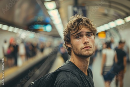 A man stands in a crowded subway station, surrounded by people but completely detached, staring blankly at the ground. The bustling environment contrasts sharply with his withdrawn and anxious