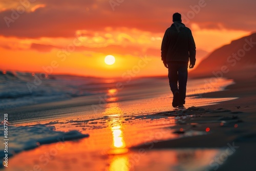 A man walks alone along a deserted beach at sunset, his head down and hands in his pockets. The vast, empty shoreline and the setting sun create a poignant backdrop for his feelings of loneliness and photo