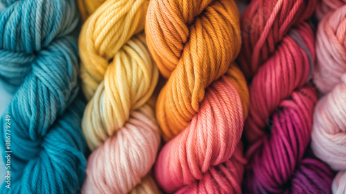 A bunch of colorful yarns are stacked on top of each other