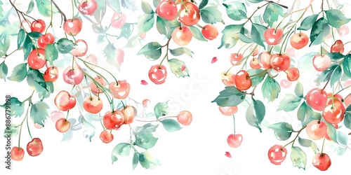 Wallpaper Mural Watercolor graphic art with cherries flowers branches and leaves in a design. Concept Watercolor, Graphic Art, Cherries, Flowers, Branches, Leaves, Design Torontodigital.ca