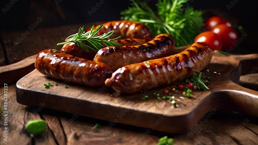 Grilled Sausages with Rosemary and Tomatoes on Wooden Board Grilled Sausages with Rosemary and Tomatoes on Wooden Board