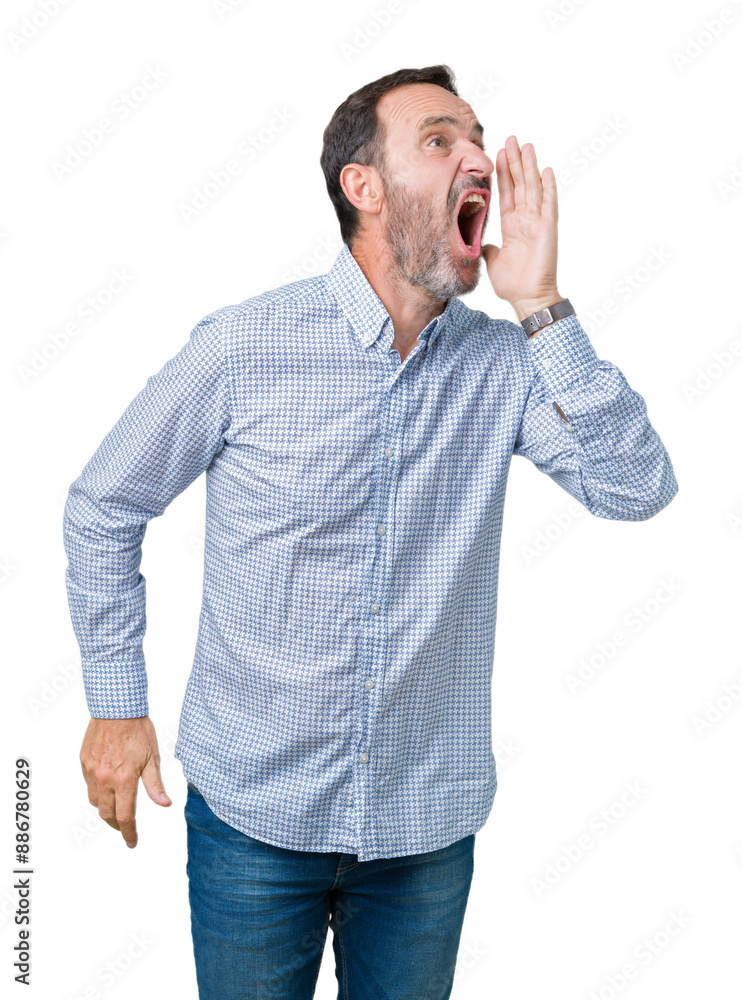 Handsome middle age elegant senior man over isolated background shouting and screaming loud to side with hand on mouth. Communication concept. Handsome middle age elegant senior man over isolated background shouting and screaming loud to side with hand on mouth. Communication concept.