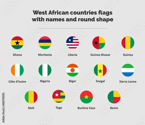 West African countries flags with names and round shape