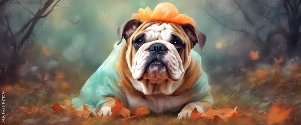 Fototapeta premium English bulldog in green costume with orange hat, lying in autumn forest, surrounded by fallen leaves and fog.