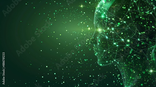 Artificial intelligence and modern technology concept. Glowing human face on a green background. AI learning, virtual data network and cybersecurity.