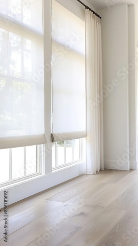 White roller blinds with sheer curtains in a modern living room.