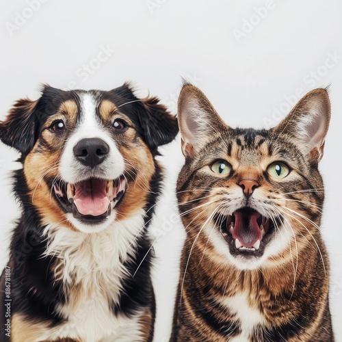 playful portrait of smiling dog and cat side by side on white background their contrasting personalities shine through showcasing the unique bond between pets