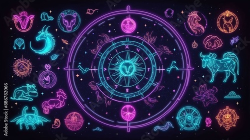 neon zodiac astrological signs and symbols in neon col Retro neon background theme