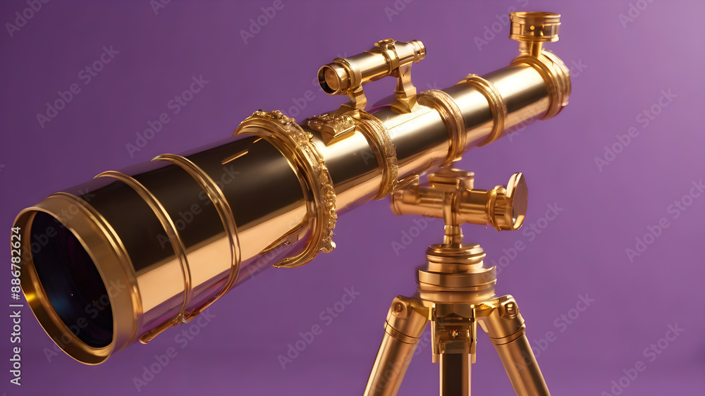 custom made wallpaper toronto digitalA golden telescope on a purple background, the telescope looks at the upper right corner, the space on the right and left. Generative AI