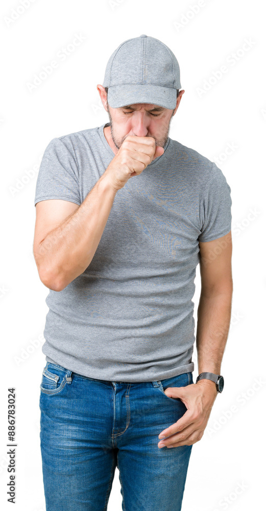 Handsome middle age hoary senior man wearing sport cap over isolated background feeling unwell and coughing as symptom for cold or bronchitis. Healthcare concept. Handsome middle age hoary senior man wearing sport cap over isolated background feeling unwell and coughing as symptom for cold or bronchitis. Healthcare concept.