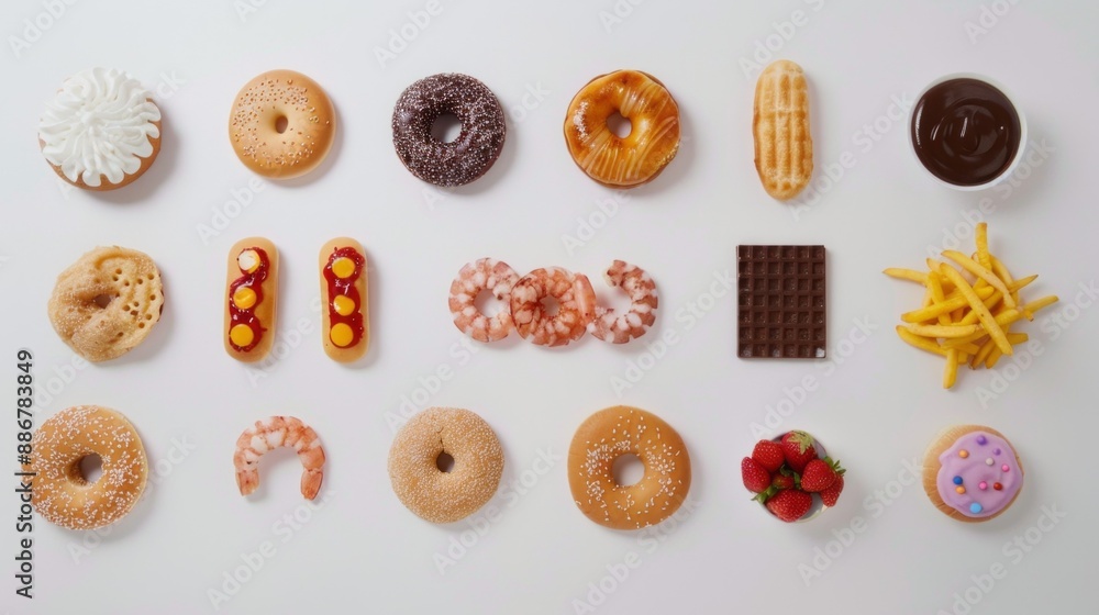 A variety of tempting snacks are arranged in neat rows on a white table, showcasing a delicious selection of sweet and savory bites A variety of tempting snacks are arranged in neat rows on a white table, showcasing a delicious selection of sweet and savory bites