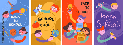 Back to school banner, background, flyer, card. Simple flat style education icons, symbols, doodles. Art collage,design elements. Bright colorful school subjects conept.