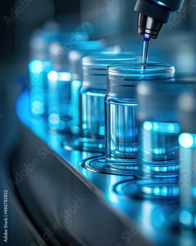 Close-up of a laboratory machine dispensing liquid into glass vials.