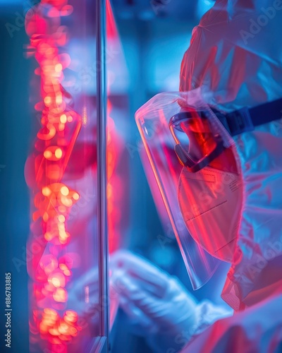 Close-up of a scientist in a protective suit working in a laboratory. photo