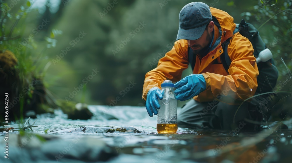 A man in a yellow jacket is taking a sample of water from a river A man in a yellow jacket is taking a sample of water from a river