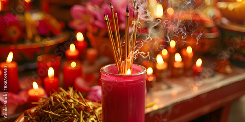 Velas e incenso em um local de adoração photo