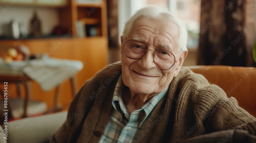 Relaxed Western European Elderly Man in Cozy Home Setting with Warm Lighting, Perfect for Lifestyle and Family Concepts Relaxed Western European Elderly Man in Cozy Home Setting with Warm Lighting, Perfect for Lifestyle and Family Concepts