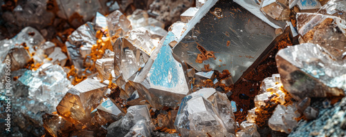 A background featuring rare earth minerals embedded in rock, with elements such as cerium and