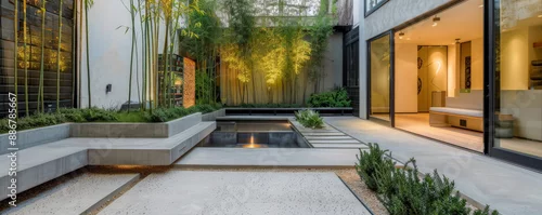 Panel kuchenny z motywem A chic, minimalist courtyard garden with sleek concrete benches, bamboo plants, and a small,