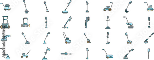 Garden trimmer icons set outline vector. Care cutter. Farm equipment thin line color flat on white