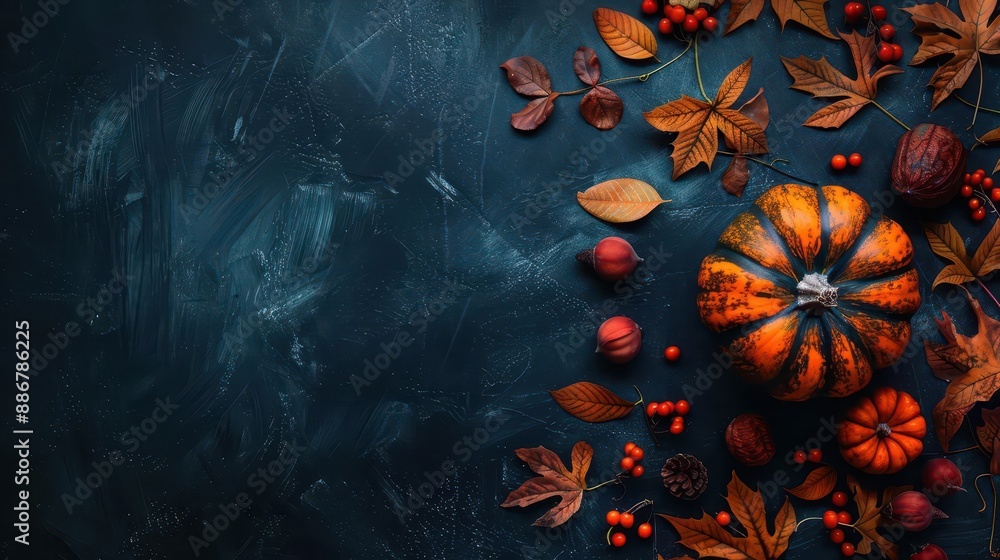 Thanksgiving and Autumn decoration concept made from autumn leaves and pumpkin on dark background Flat lay, top view with copy space Stock Photo Thanksgiving and Autumn decoration concept made from autumn leaves and pumpkin on dark background Flat lay, top view with copy space Stock Photo