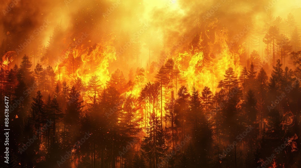Wildfire consuming a dense forest with intense flames and smoke Wildfire consuming a dense forest with intense flames and smoke
