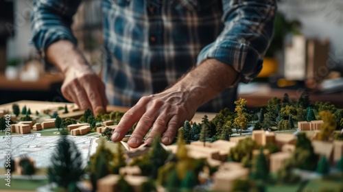 A man is working on a model of a city, with his hands on the model