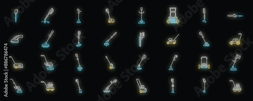 Garden trimmer icons set outline vector. Care cutter. Farm equipment neon color on black