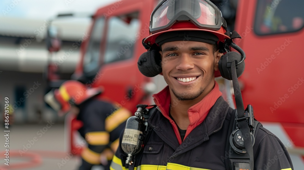 Content firefighter in uniform demonstrating safety procedures at a fire station. Diverse emergency responders showcasing bravery and teamwork with smiles and dedication. Portrait, Realistic Photo, Content firefighter in uniform demonstrating safety procedures at a fire station. Diverse emergency responders showcasing bravery and teamwork with smiles and dedication. Portrait, Realistic Photo,