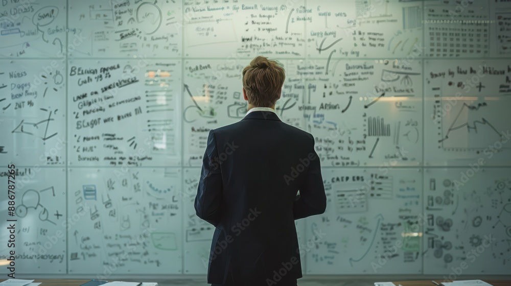 A man stands in front of a whiteboard with a lot of writing on it A man stands in front of a whiteboard with a lot of writing on it