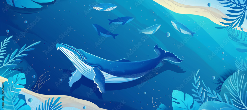 Fototapeta premium The Ocean horizontal background with blue humpback, Illustration
