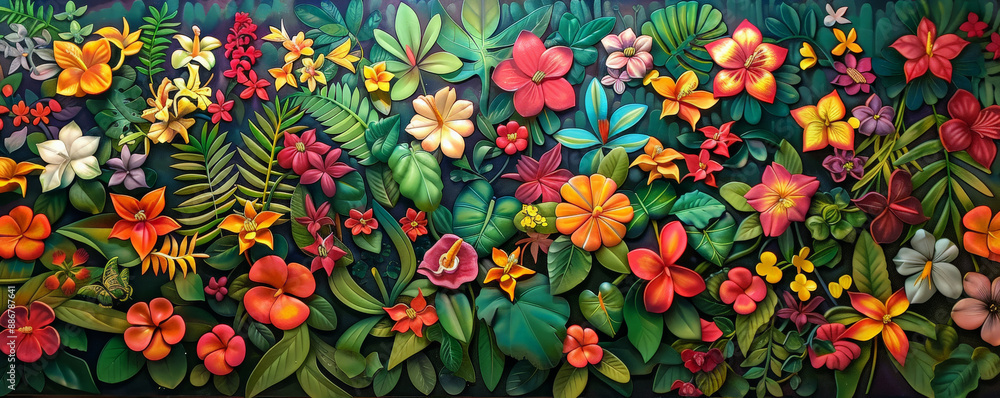 An intricate floral pattern of tropical rainforest flowers is painted on a stucco wall. The design features heliconia, bromeliads, and passion flowers in vivid colors. An intricate floral pattern of tropical rainforest flowers is painted on a stucco wall. The design features heliconia, bromeliads, and passion flowers in vivid colors.