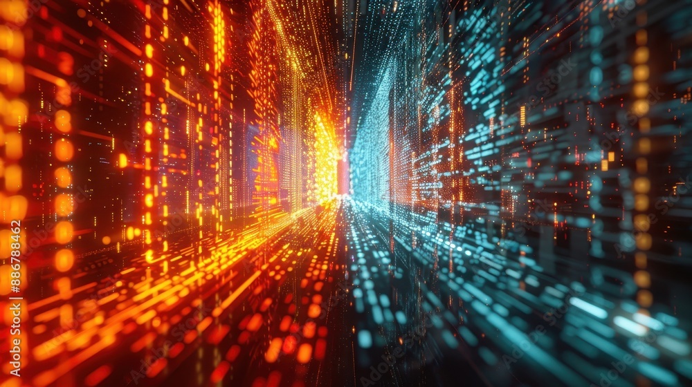 Abstract digital background with bright orange and blue light patterns representing data transfer and futuristic technology. Abstract digital background with bright orange and blue light patterns representing data transfer and futuristic technology.