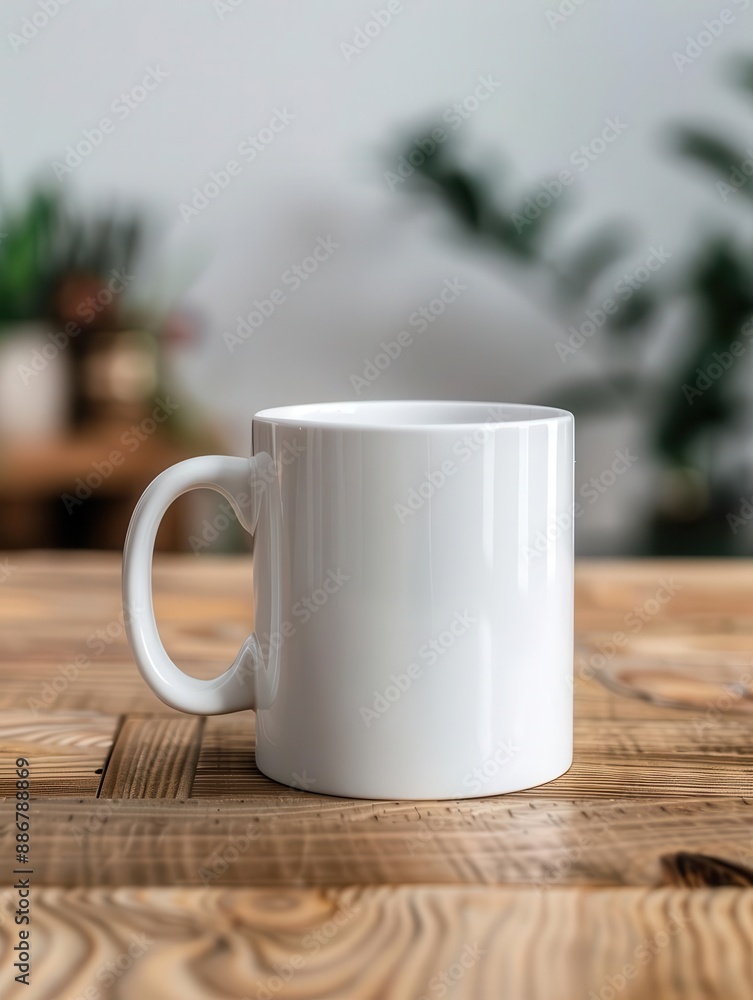Blank white ceramic mug on wooden table. Perfect for mockup or design. Blank white ceramic mug on wooden table. Perfect for mockup or design.