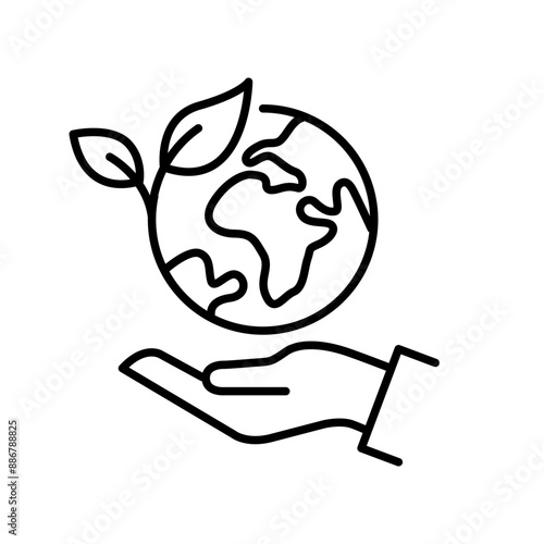 Eco world icon. Green earth planet concept, world ecology, nature global protect, logo eco environment, globe with leafs, thin line simple web symbol on white background.
