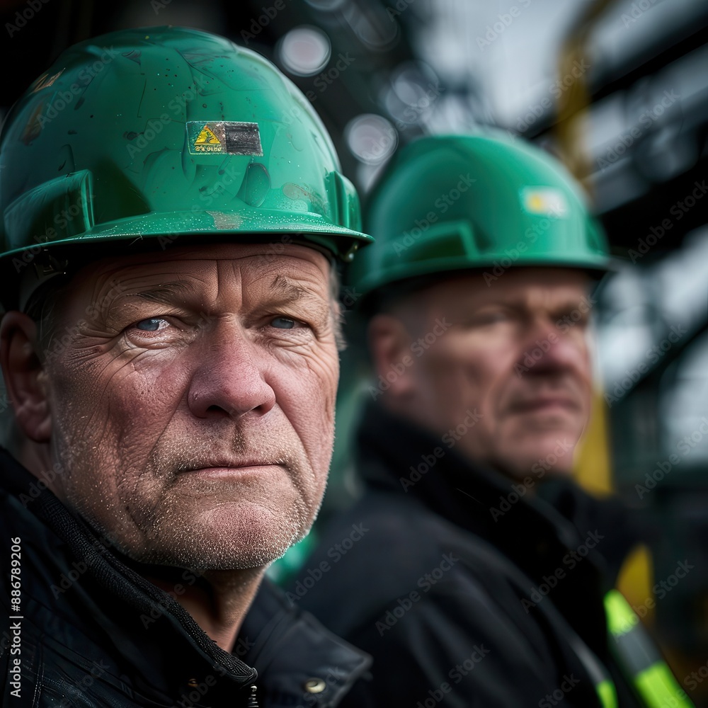 Close-up portrait of a construction worker wearing a green hard hat. Close-up portrait of a construction worker wearing a green hard hat.