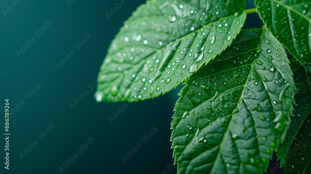 Green leaf covered in dew drops after a light rain Green leaf covered in dew drops after a light rain