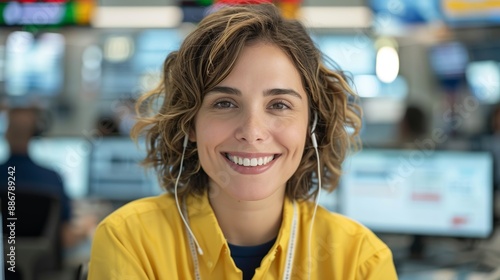 Happy journalist in a newsroom reporting live and delivering news. Diverse media professionals showcasing enthusiasm and accuracy in a fast-paced and dynamic environment. Portrait, Realistic Photo,