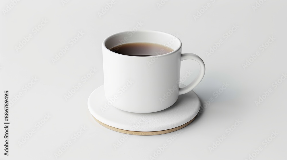 A white coffee cup sits on a coaster