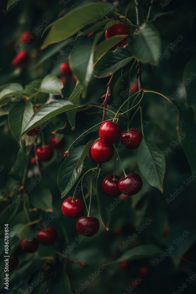 Cherry tree with ripe red cherries on green leaves. Abundant fruit clusters hang from branches in garden setting. Lush foliage provides contrast to vibrant cherry color. Blurred background adds depth. Cherry tree with ripe red cherries on green leaves. Abundant fruit clusters hang from branches in garden setting. Lush foliage provides contrast to vibrant cherry color. Blurred background adds depth.